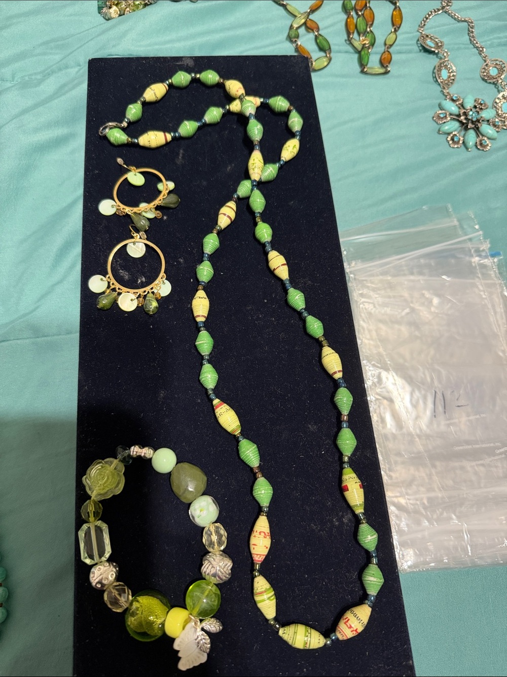 Green Beaded Paper Bead Necklace and Earrings Set